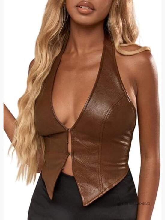 Tops - Faux Leather Halter Tank Top Sexy Deep V Neck Asymmetrical Corset Party Club